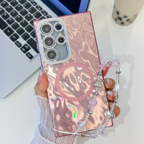 

For Samsung Galaxy S23 Ultra 5G Plating Texture Wristband MagSafe TPU Phone Case with Glitter Lens Film(Pink Wrinkles)