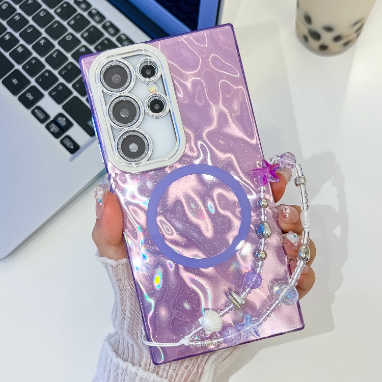 

For Samsung Galaxy S23 Ultra 5G Plating Texture Wristband MagSafe TPU Phone Case with Glitter Lens Film(Purple Wrinkles)