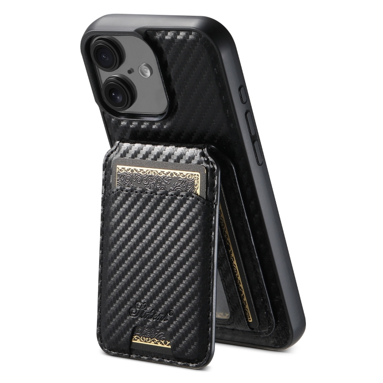 

For iPhone 16 Suteni TXWH18 Carbon Fiber Texture Detachable Wallet MagSafe Phone Case(Black)