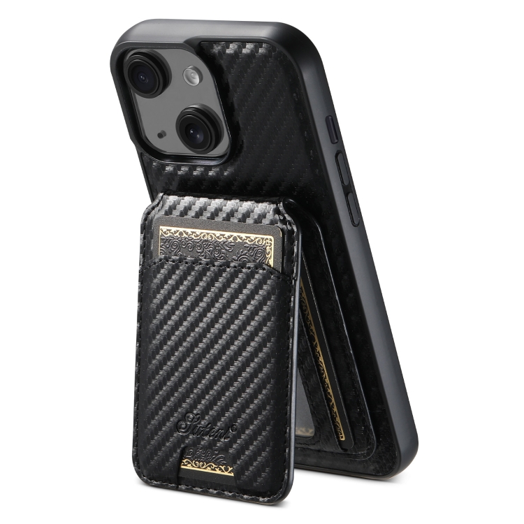

For iPhone 14 Suteni TXWH18 Carbon Fiber Texture Detachable Wallet MagSafe Phone Case(Black)