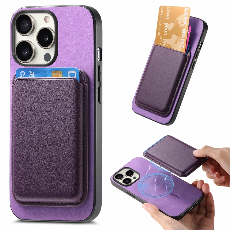 

For iPhone 16 Pro Retro Magsafe Card Bag PU Back Cover Phone Case(Purple)