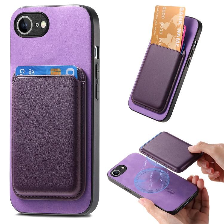 

For iPhone 16e Retro Magsafe Card Bag PU Back Cover Phone Case(Purple)