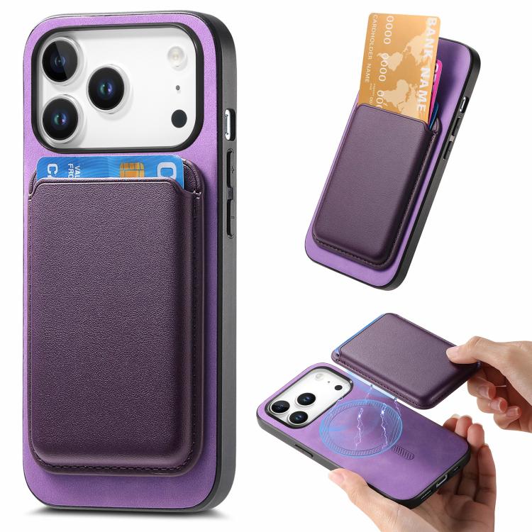 

For iPhone 17 Pro Retro Magsafe Card Bag PU Back Cover Phone Case(Purple)