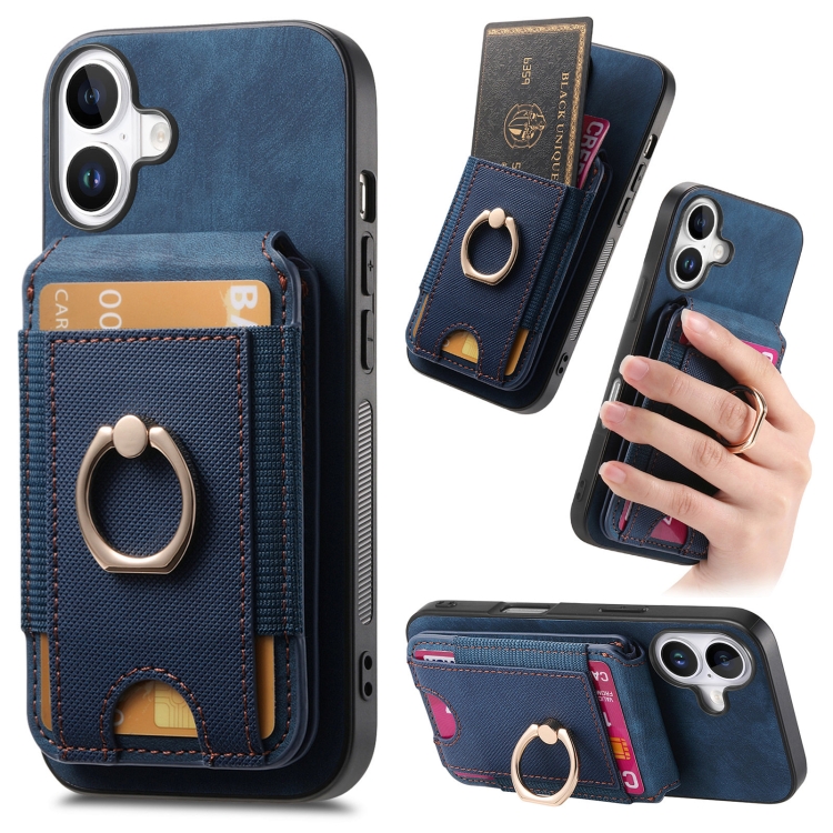 

For iPhone 16 Retro Splitable Magnetic Stand Card Bag Leather Phone Case(Blue)