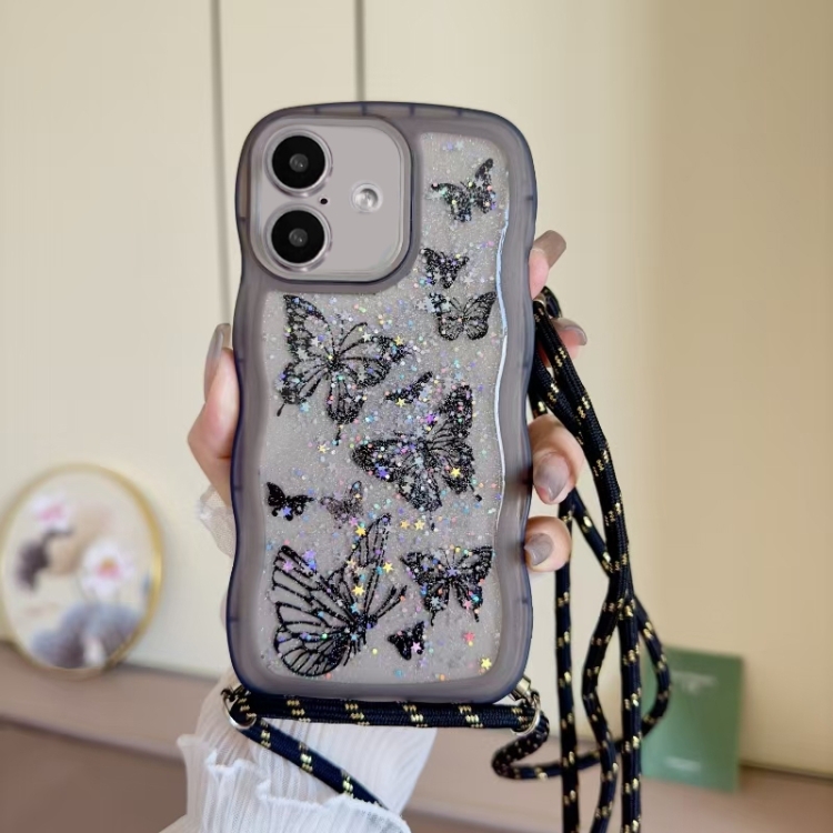 

For iPhone 16 Plus Crossbody Wave Edge Butterfly TPU Phone Case(Black)