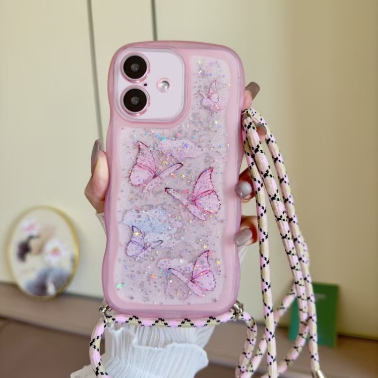 

For iPhone 16 Crossbody Wave Edge Butterfly TPU Phone Case(Pink)