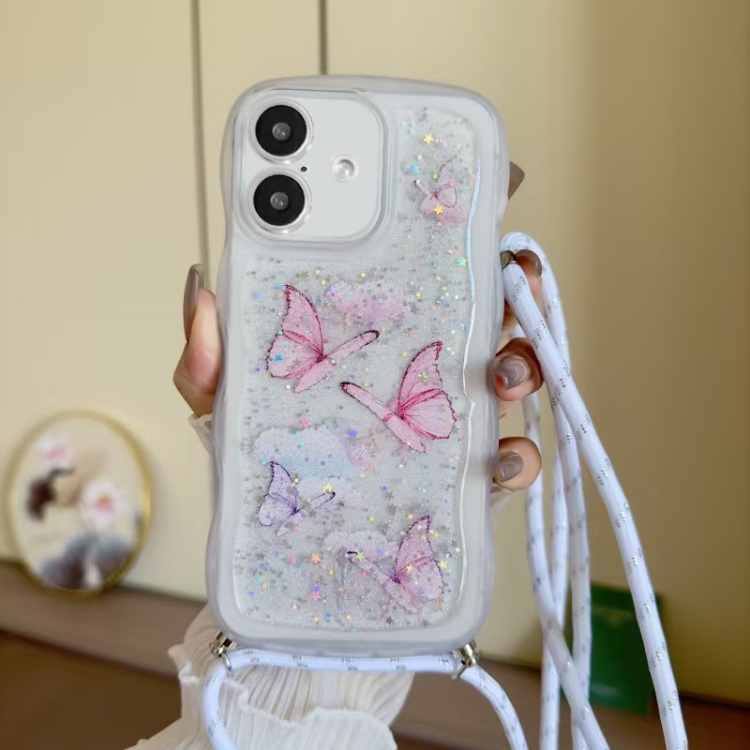 

For iPhone 16 Crossbody Wave Edge Butterfly TPU Phone Case(White)