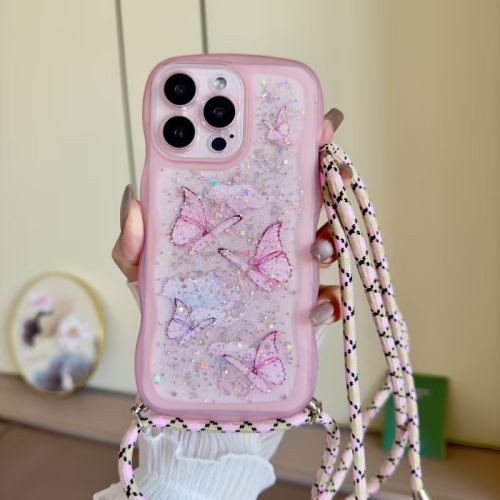 

For iPhone 15 Pro Max Crossbody Wave Edge Butterfly TPU Phone Case(Pink)