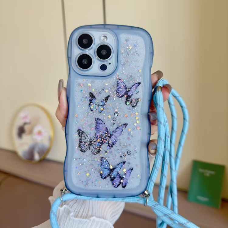 

For iPhone 15 Pro Crossbody Wave Edge Butterfly TPU Phone Case(Blue)