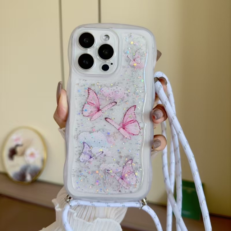 

For iPhone 15 Pro Crossbody Wave Edge Butterfly TPU Phone Case(White)