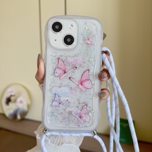 

For iPhone 15 Crossbody Wave Edge Butterfly TPU Phone Case(White)