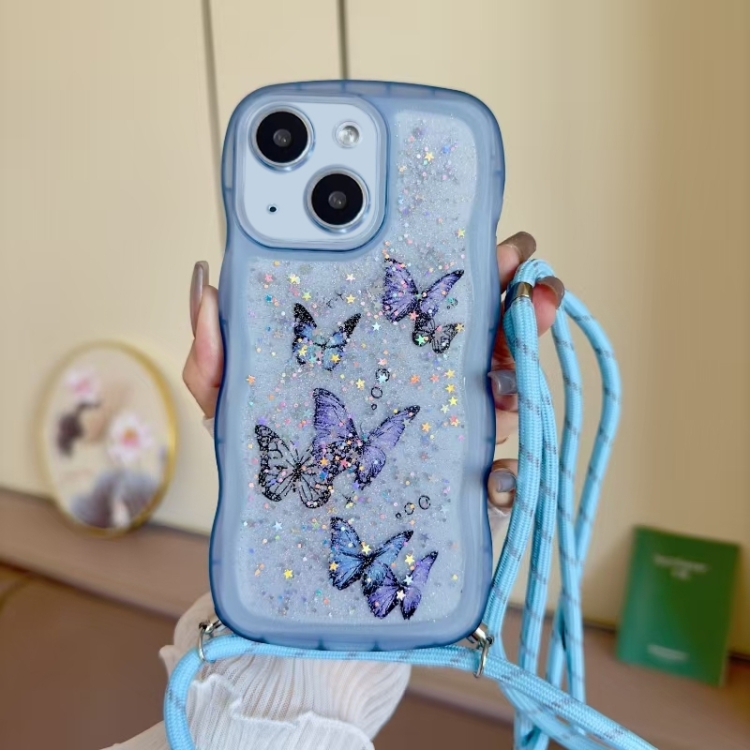 

For iPhone 14 Plus Crossbody Wave Edge Butterfly TPU Phone Case(Blue)