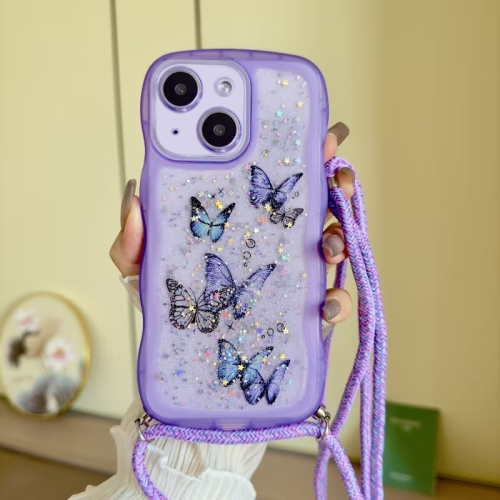 

For iPhone 14 Plus Crossbody Wave Edge Butterfly TPU Phone Case(Purple)