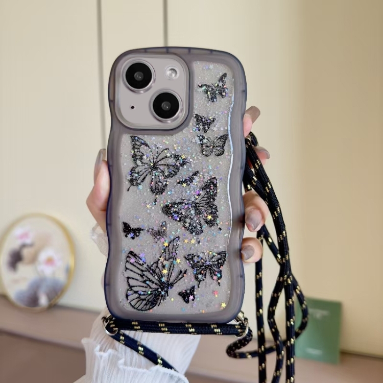 

For iPhone 14 Crossbody Wave Edge Butterfly TPU Phone Case(Black)