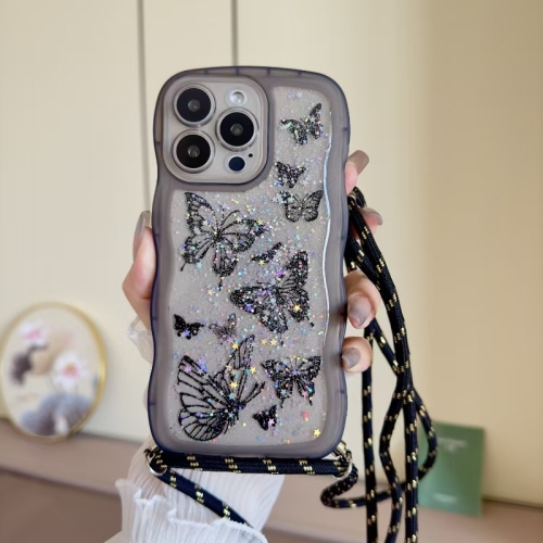 

For iPhone 14 Pro Max Crossbody Wave Edge Butterfly TPU Phone Case(Black)