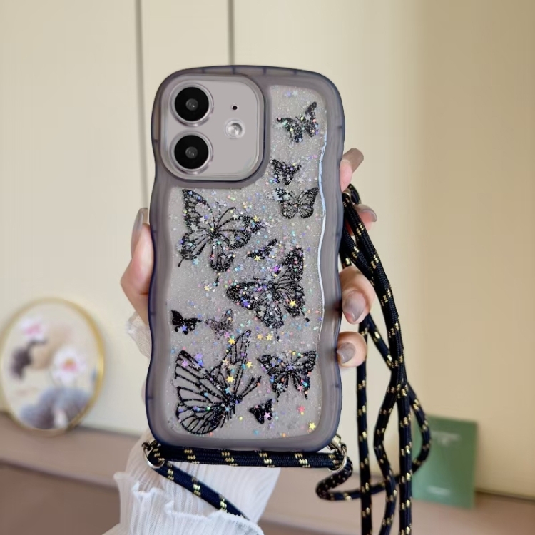 

For iPhone 11 Crossbody Wave Edge Butterfly TPU Phone Case(Black)