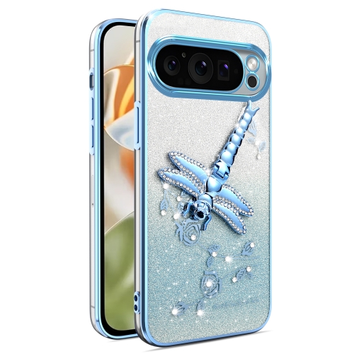 

For Google Pixel 9 Pro XL Gradient Glitter Immortal 3D Dragonfly Holder Plated Phone Case(Blue)