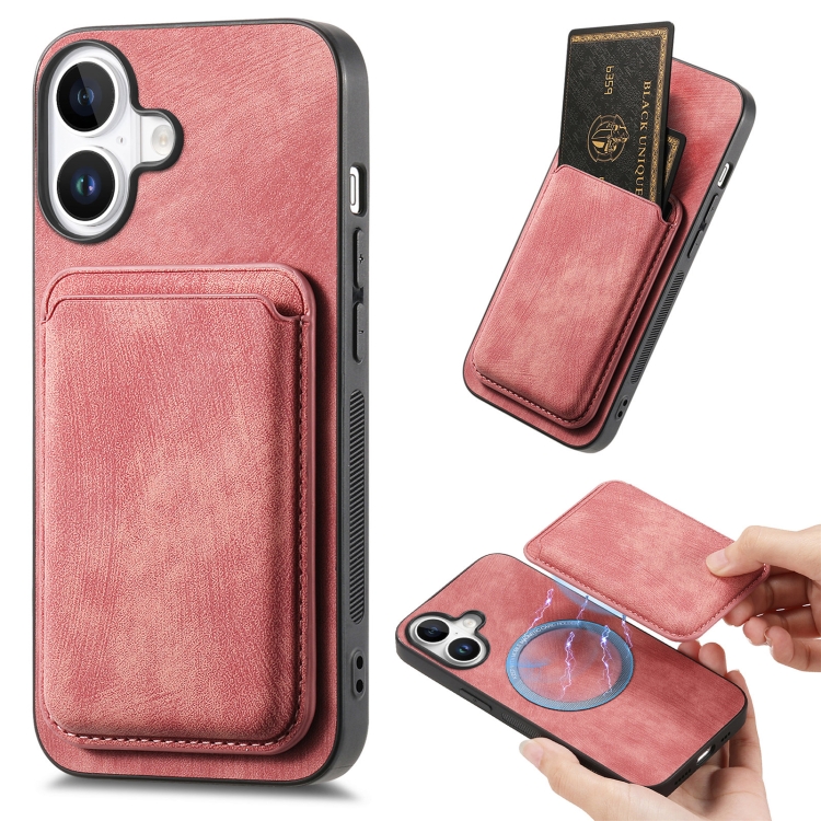

For iPhone 16 Plus Retro Leather Card Bag Magnetic Phone Case(Pink)