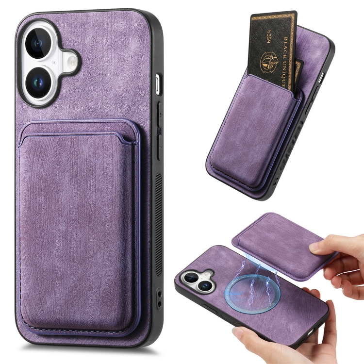 

For iPhone 16 Plus Retro Leather Card Bag Magnetic Phone Case(Purple)
