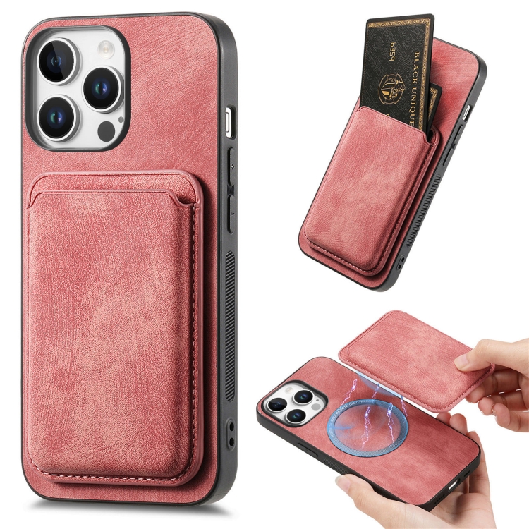 

For iPhone 16 Pro Retro Leather Card Bag Magnetic Phone Case(Pink)