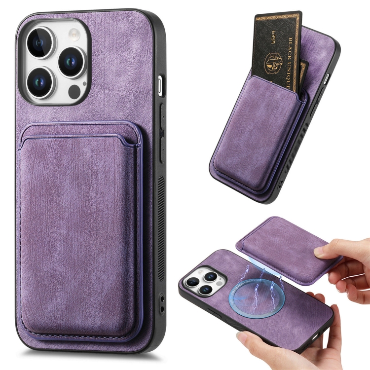 

For iPhone 16 Pro Retro Leather Card Bag Magnetic Phone Case(Purple)