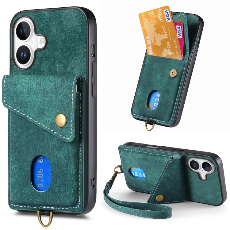 

For iPhone 16 Retro Card Wallet Fold Leather Phone Case with Strap(Green)