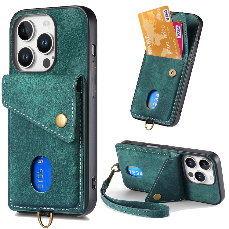 

For iPhone 16 Pro Retro Card Wallet Fold Leather Phone Case with Strap(Green)