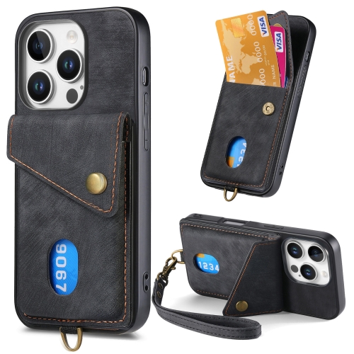 

For iPhone 16 Pro Max Retro Card Wallet Fold Leather Phone Case with Strap(Black)