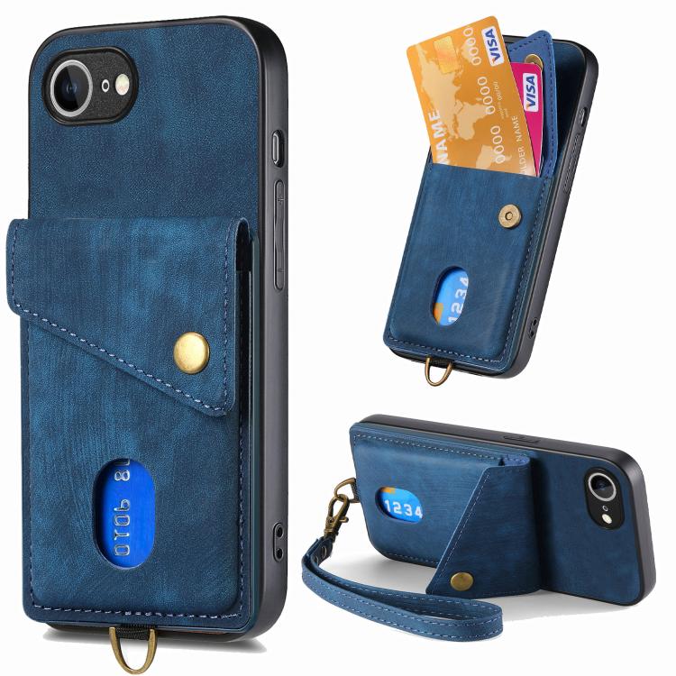 

For iPhone 16e Retro Card Wallet Fold Leather Phone Case with Strap(Blue)