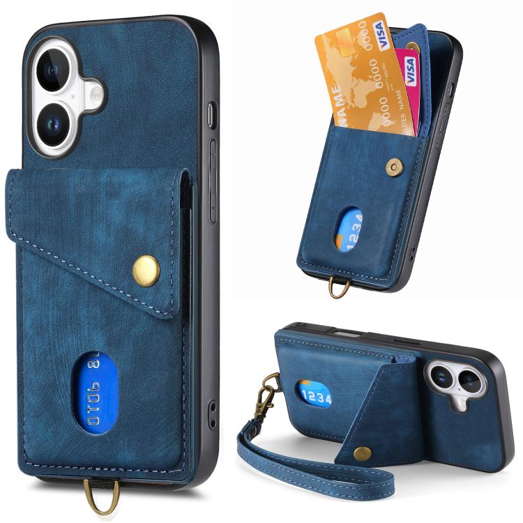 

For iPhone 17 Retro Card Wallet Fold Leather Phone Case with Strap(Blue)