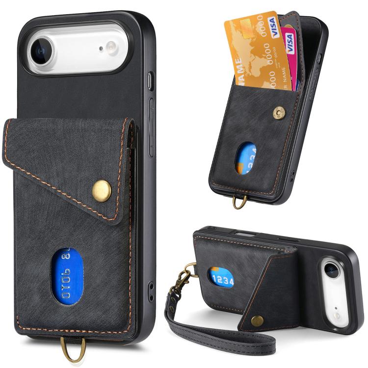 

For iPhone Air Retro Card Wallet Fold Leather Phone Case with Strap(Black)