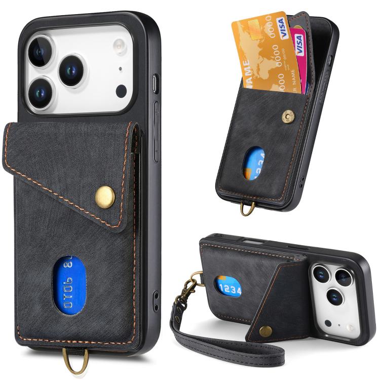 

For iPhone 17 Pro Max Retro Card Wallet Fold Leather Phone Case with Strap(Black)