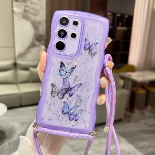 

For Samsung Galaxy S22 Ultra 5G Crossbody Wave Edge Butterfly TPU Phone Case(Purple)