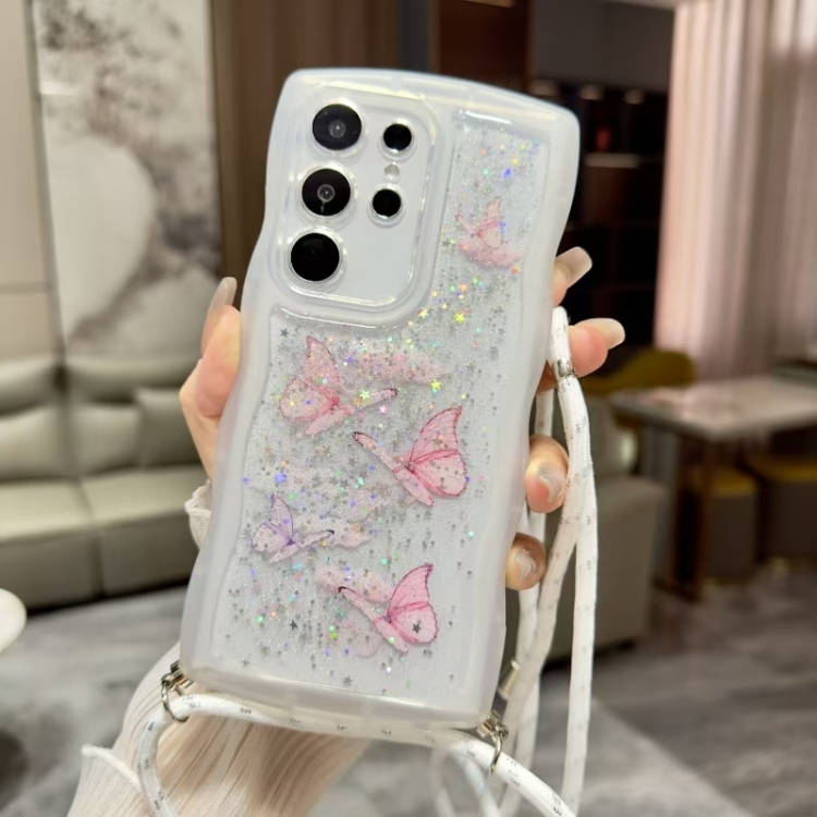 

For Samsung Galaxy S23 Ultra 5G Crossbody Wave Edge Butterfly TPU Phone Case(White)