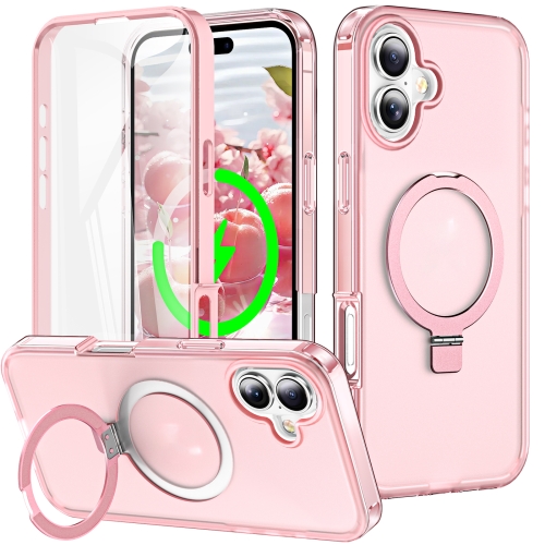 

For iPhone 16 Plus Frosted Skin Feel MagSafe Holder 360 Full Body Phone Case(Pink)