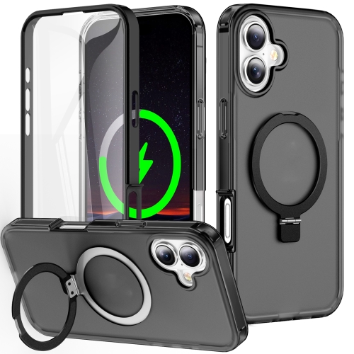 

For iPhone 16 Frosted Skin Feel MagSafe Holder 360 Full Body Phone Case(Black)