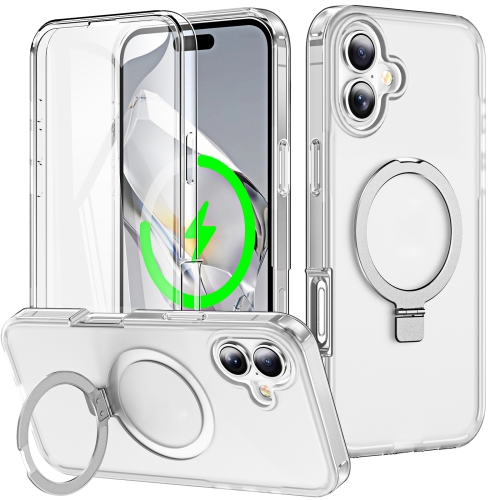 

For iPhone 16 Frosted Skin Feel MagSafe Holder 360 Full Body Phone Case(Transparent)