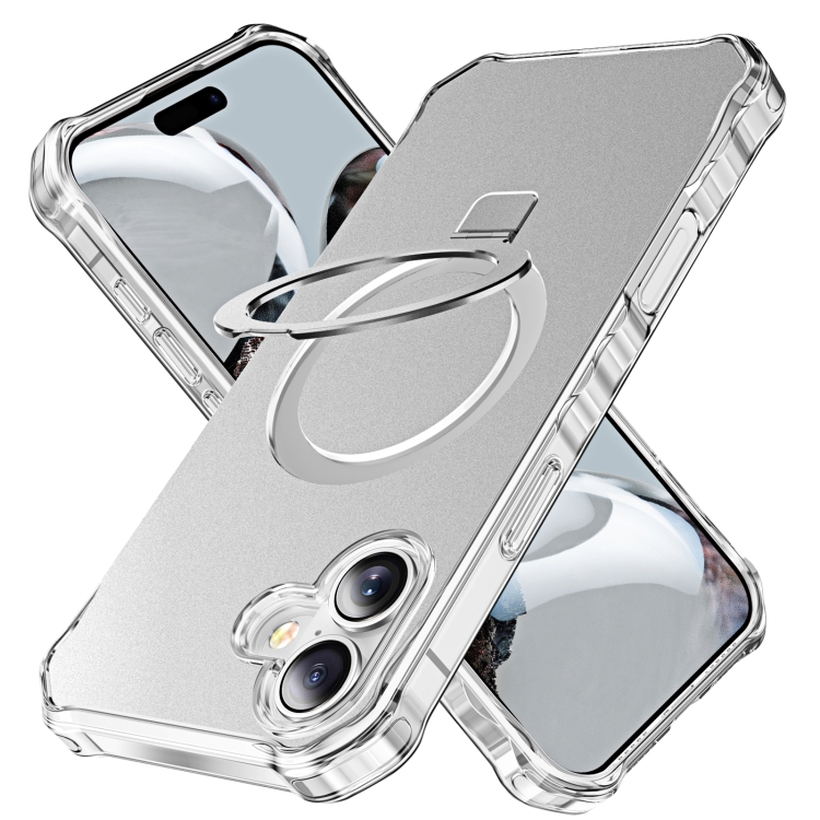 

For iPhone 16 Solid Color Wave MagSafe Holder Phone Case(Silver)