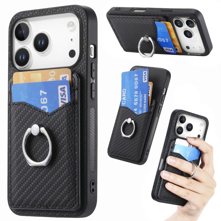 

For iPhone 17 Pro Max Carbon Fiber Card Wallet Ring Phone Case(Black)