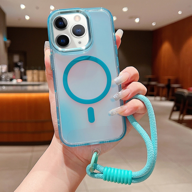 

For iPhone 11 Pro Max Bright Shadow Magsafe Discoloration Phone Case with Wrist Strap(Blue)