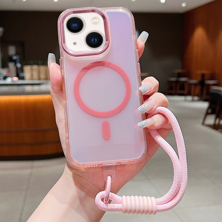

For iPhone 14 Bright Shadow Magsafe Discoloration Phone Case with Wrist Strap(Pink)