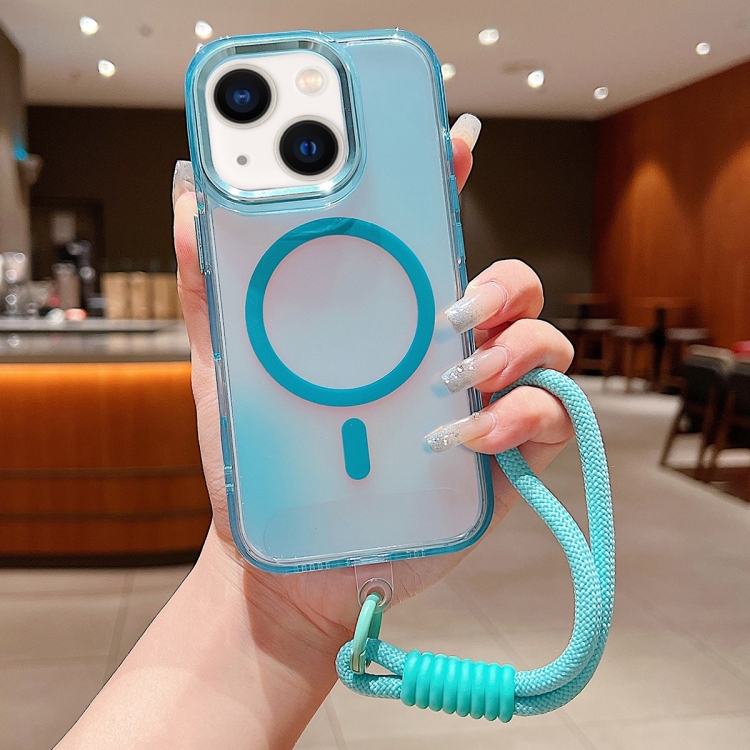 

For iPhone 14 Bright Shadow Magsafe Discoloration Phone Case with Wrist Strap(Blue)