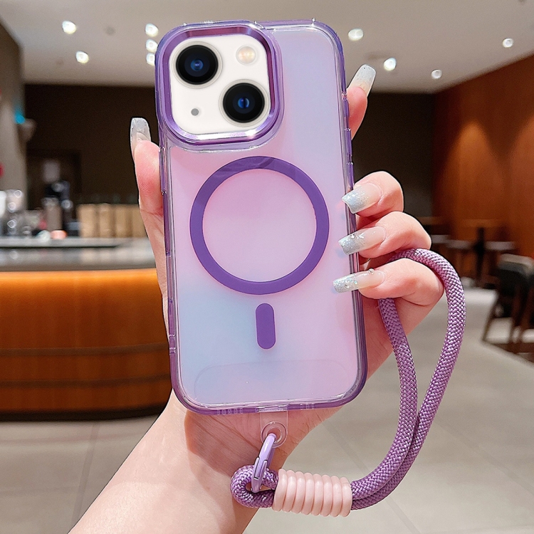 

For iPhone 14 Bright Shadow Magsafe Discoloration Phone Case with Wrist Strap(Purple)