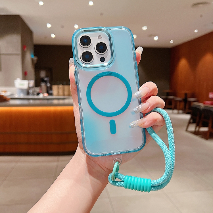 

For iPhone 14 Pro Bright Shadow Magsafe Discoloration Phone Case with Wrist Strap(Blue)