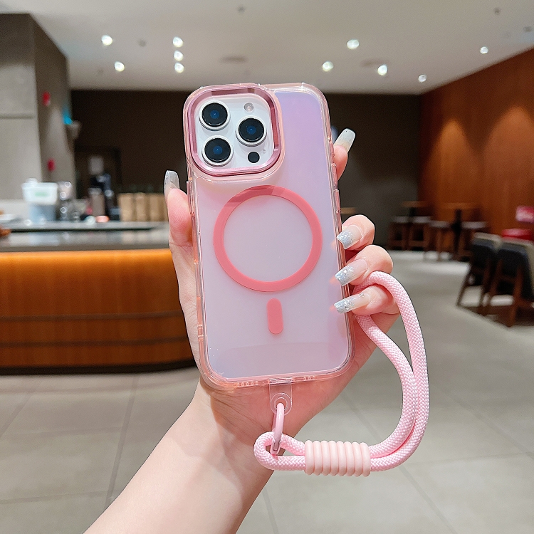 

For iPhone 14 Pro Max Bright Shadow Magsafe Discoloration Phone Case with Wrist Strap(Pink)