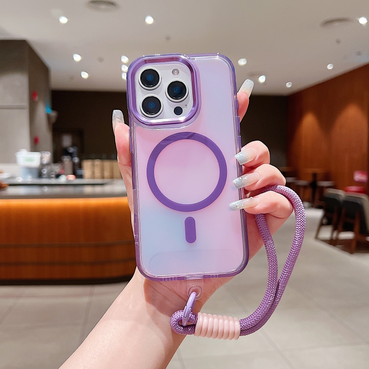 

For iPhone 14 Pro Max Bright Shadow Magsafe Discoloration Phone Case with Wrist Strap(Purple)