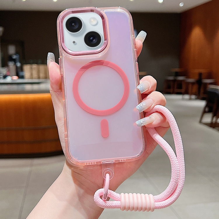 

For iPhone 15 Bright Shadow Magsafe Discoloration Phone Case with Wrist Strap(Pink)