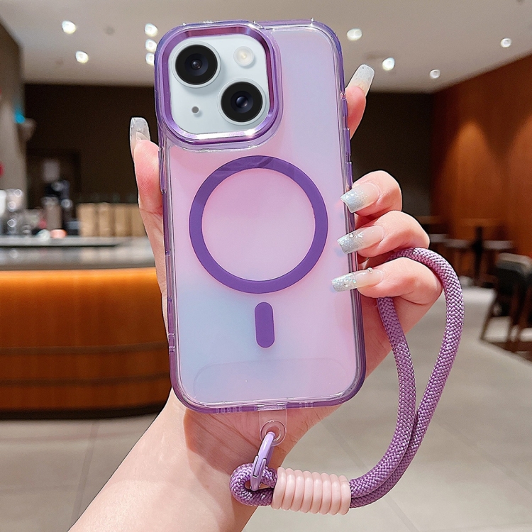 

For iPhone 15 Bright Shadow Magsafe Discoloration Phone Case with Wrist Strap(Purple)