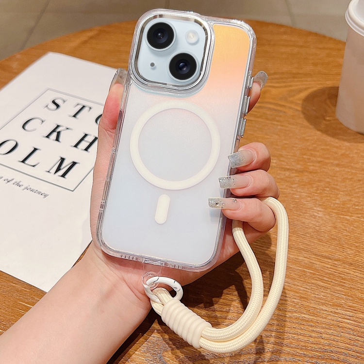 

For iPhone 15 Plus Bright Shadow Magsafe Discoloration Phone Case with Wrist Strap(White)