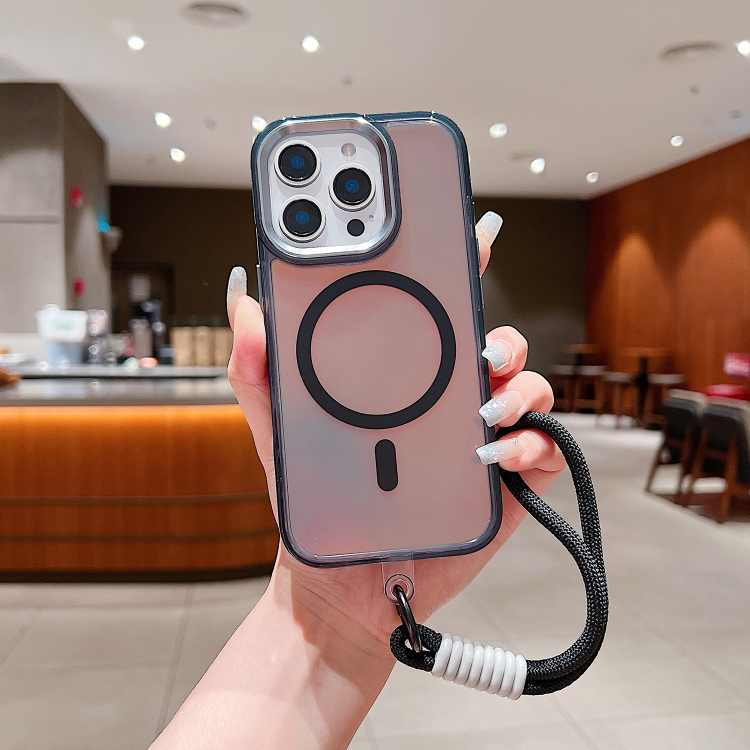 

For iPhone 15 Pro Bright Shadow Magsafe Discoloration Phone Case with Wrist Strap(Black)